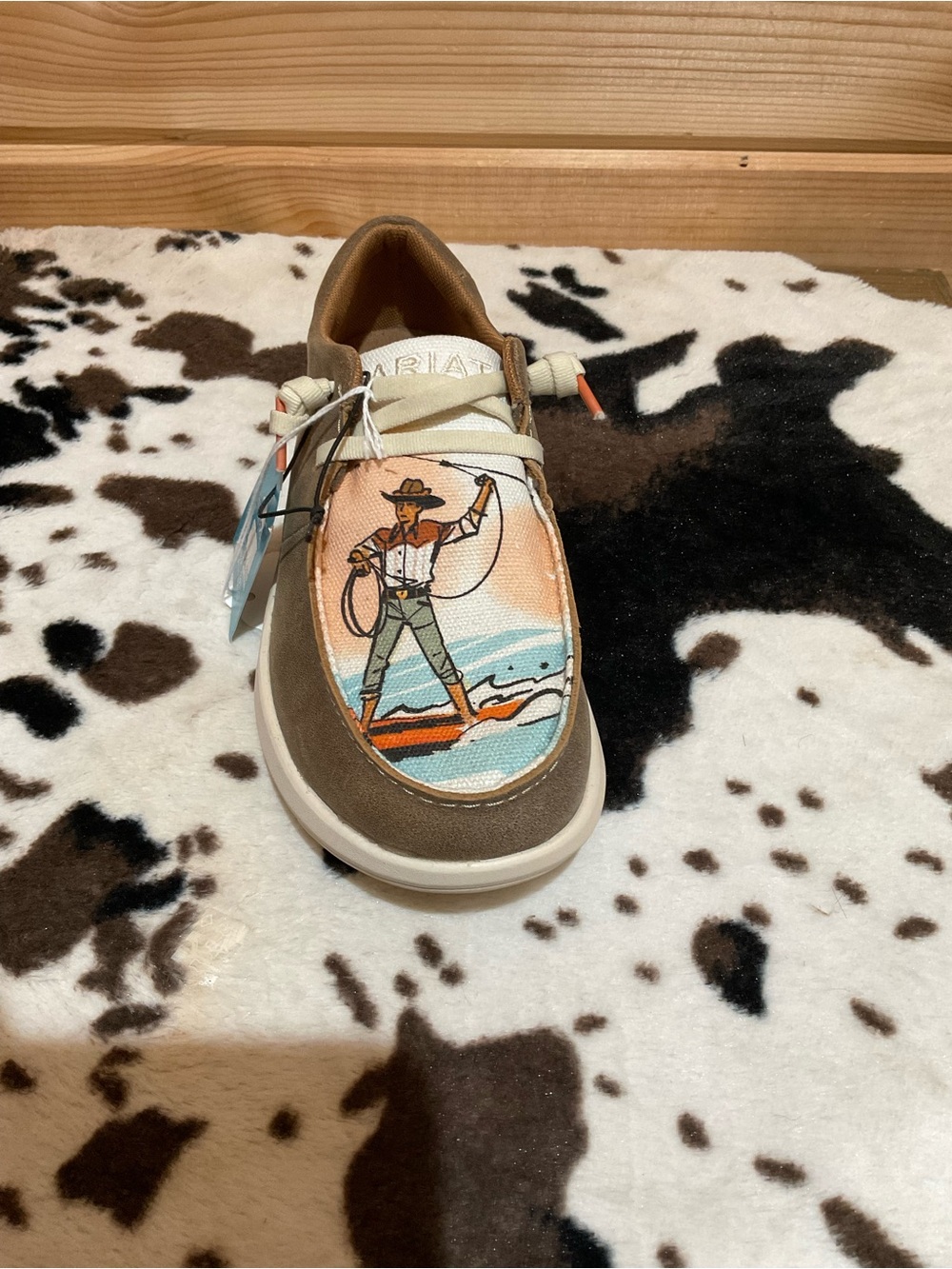 Ariat Women's Brown, Cream and Blue Canvas Moccasin with Western Graphic